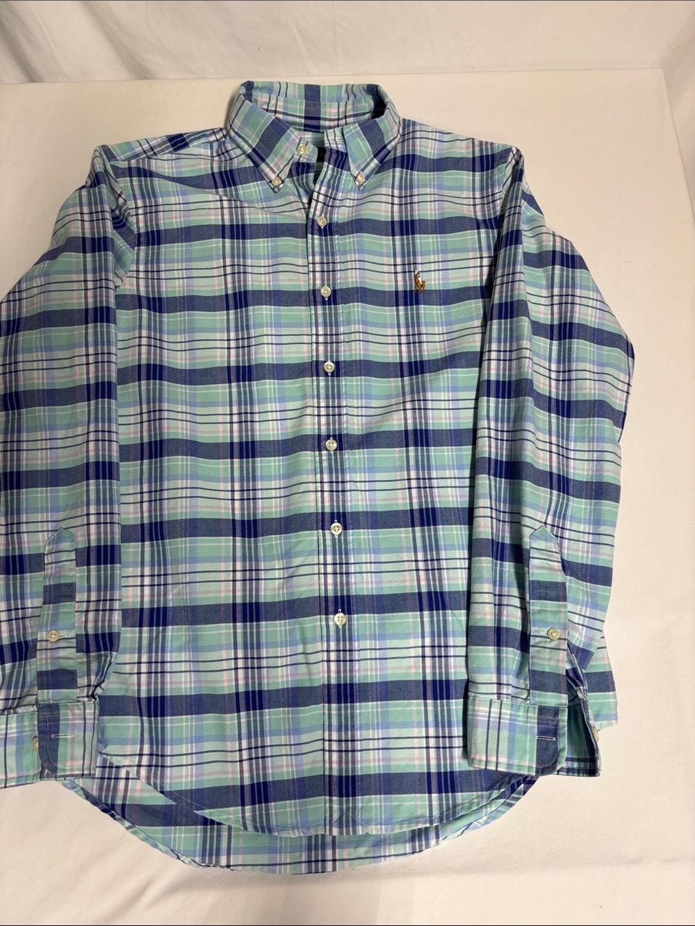 Ralph Lauren Women’s Small Plaid Oxford Shirt 100% Cotton Mint Navy Pink